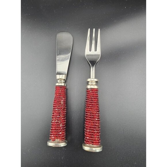 Vintage Pottery Barn Red Beaded Spreader and Fork - Picture 1 of 6